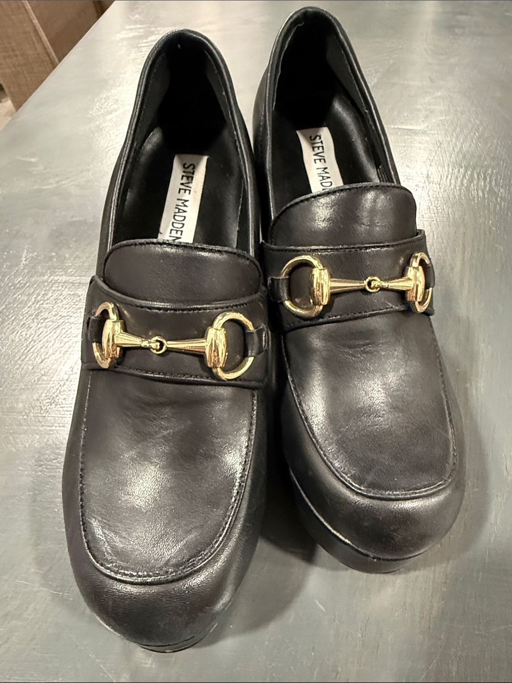 Steve Madden Cinderella Black Leather Platform Horsebit Loafers Size 6.5